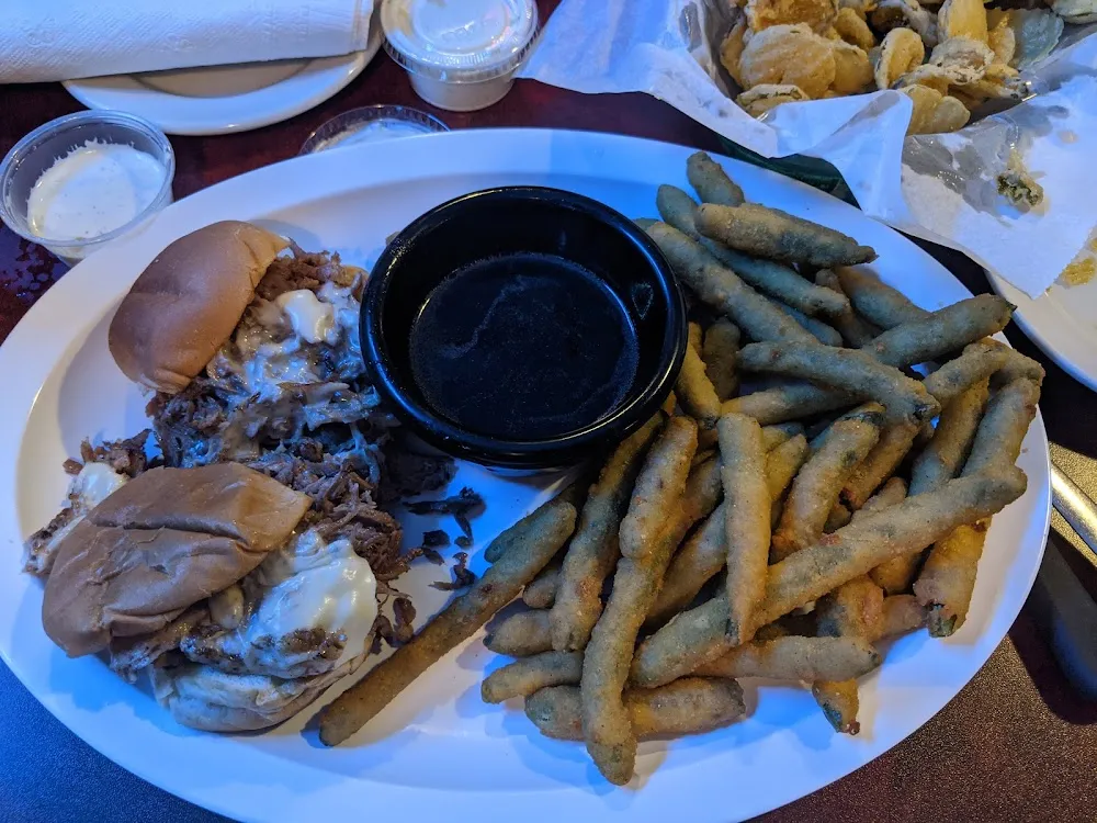 French Dip Sliders with Fried Green Beans