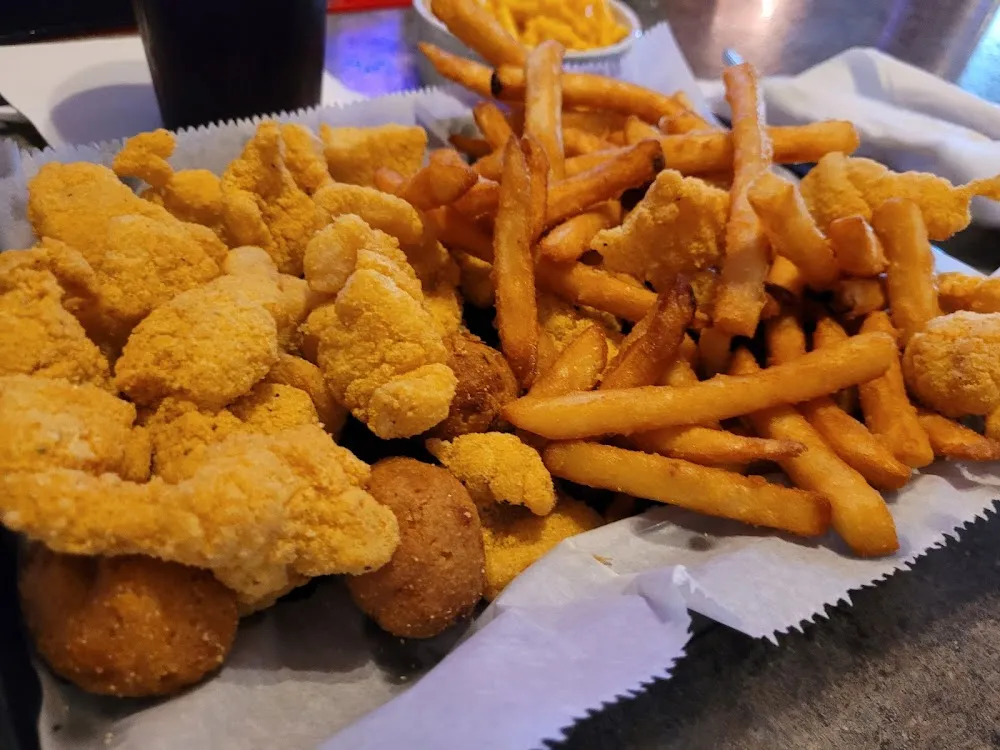 Fried Catfish Hush Puppies and Fries